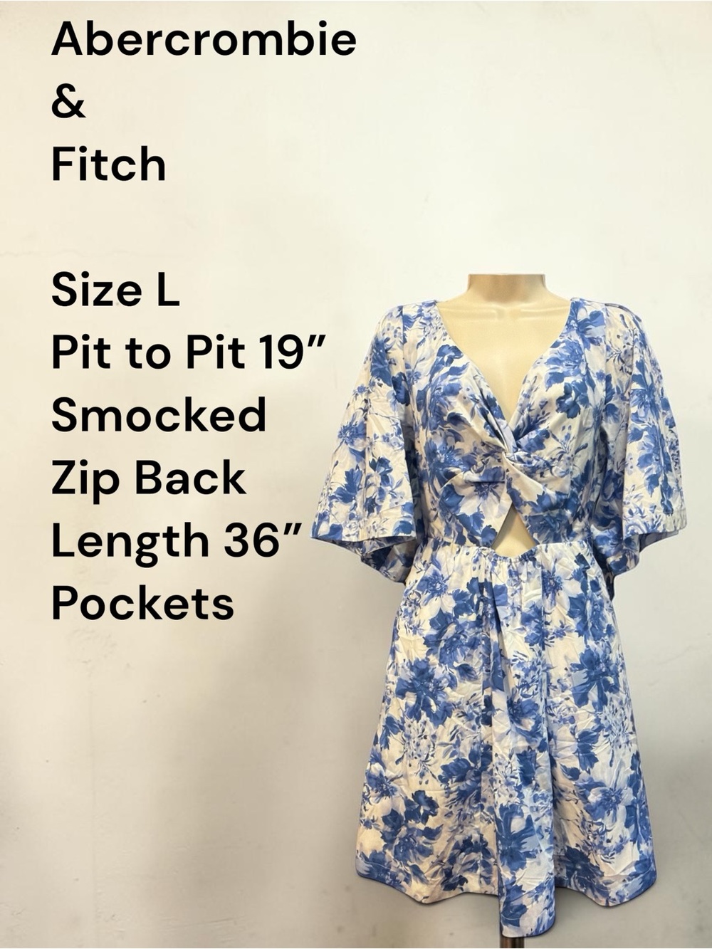 Abercrombie & Fitch Blue White Floral Cutout Mini Dress Size L Smocked Back - Picture 8 of 10
